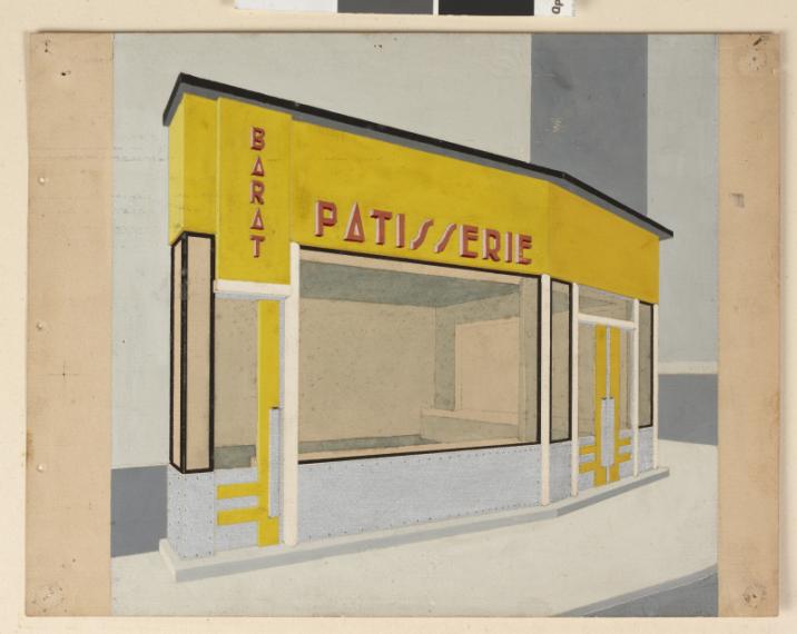 Devanture de la pâtisserie Barat à Montrouge, vers 1935, relevé d'Henry Delacroix 
